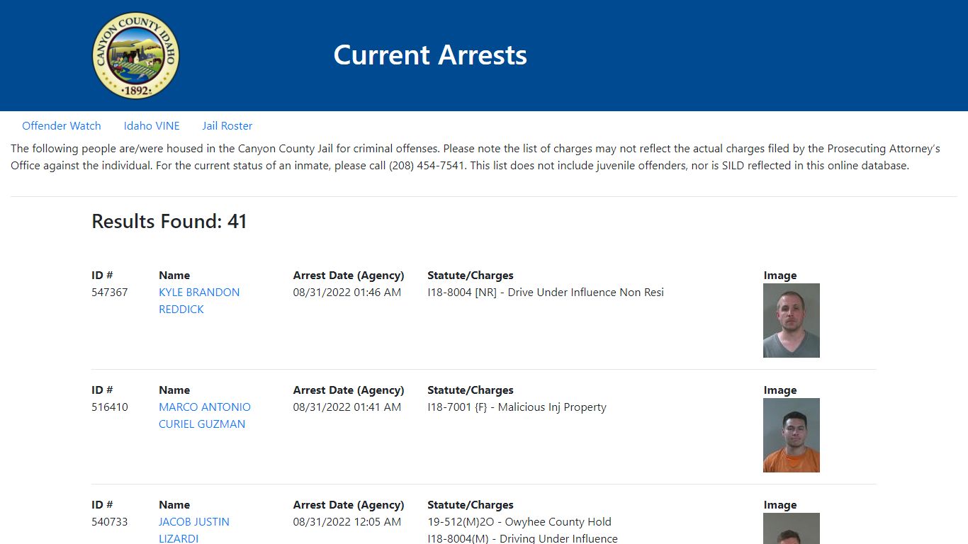 Current Arrests - Canyon County, Idaho